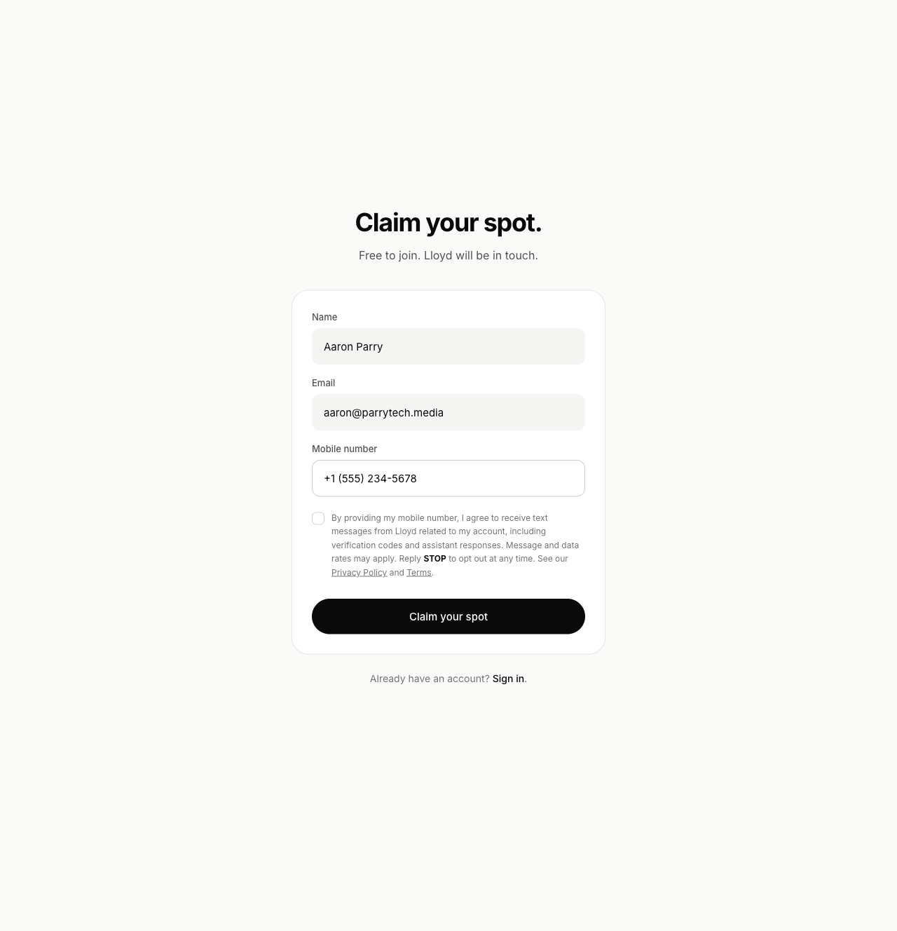 Sign-up form with name, email, and phone filled in.