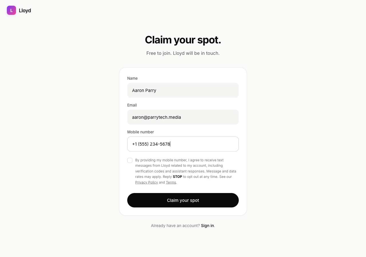 The unchecked consent checkbox with full disclosure copy and policy links.